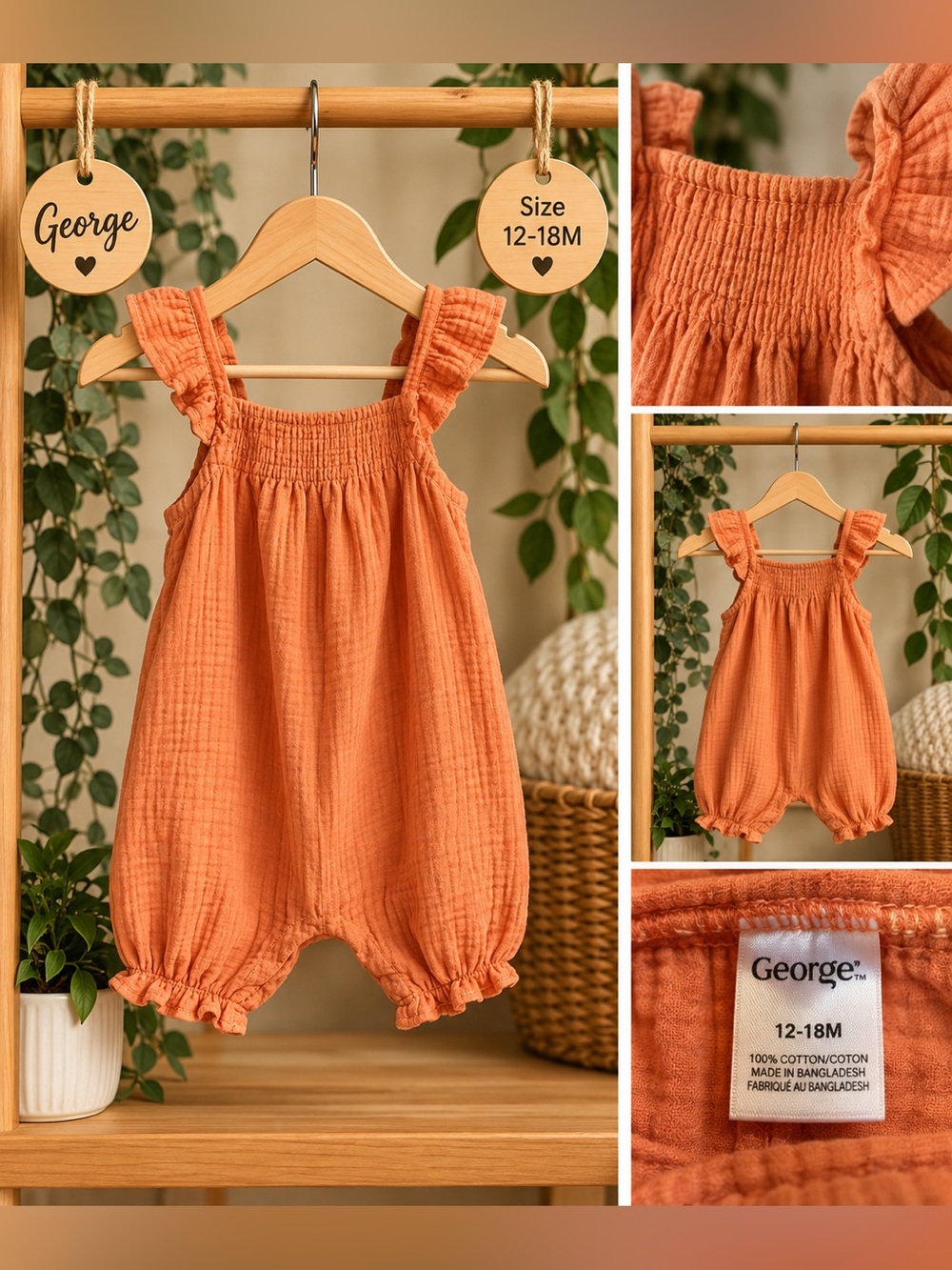 George Baby Orange Muslin Bubble Romper 12–18M 🧡